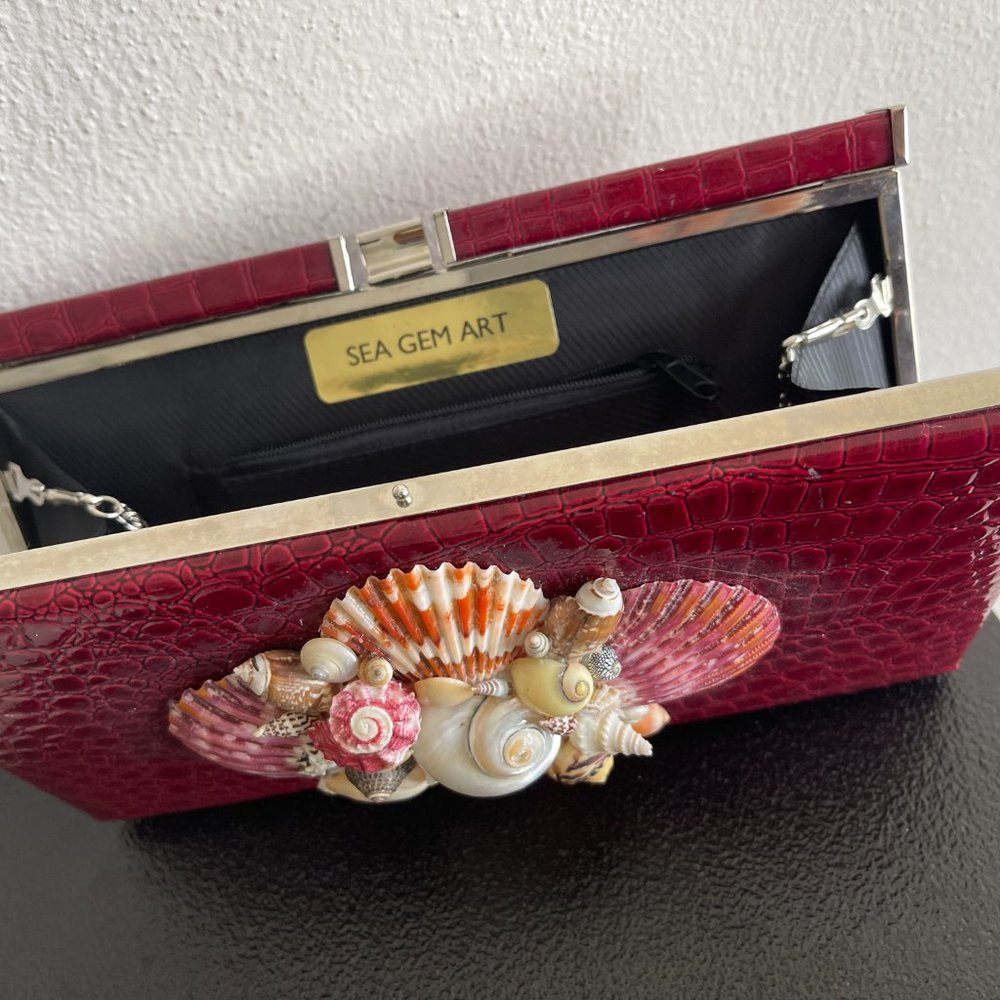 SEA GEM ART Evening clutch Red leather shells - Picture 6 of 14